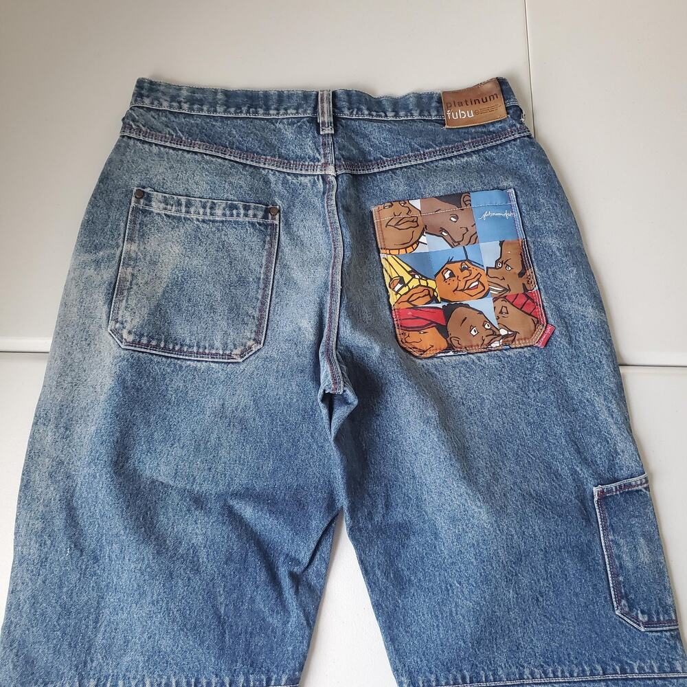 Vintage Y2K Platinum FUBU Jeans Mens 38x27 Blue Baggy Distressed Graphic Pocket